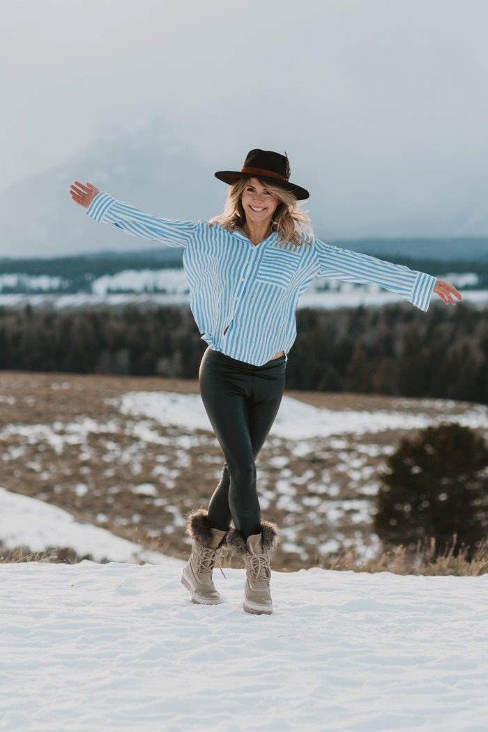 Gesche Haas in Jackson Hole, arms outstretched